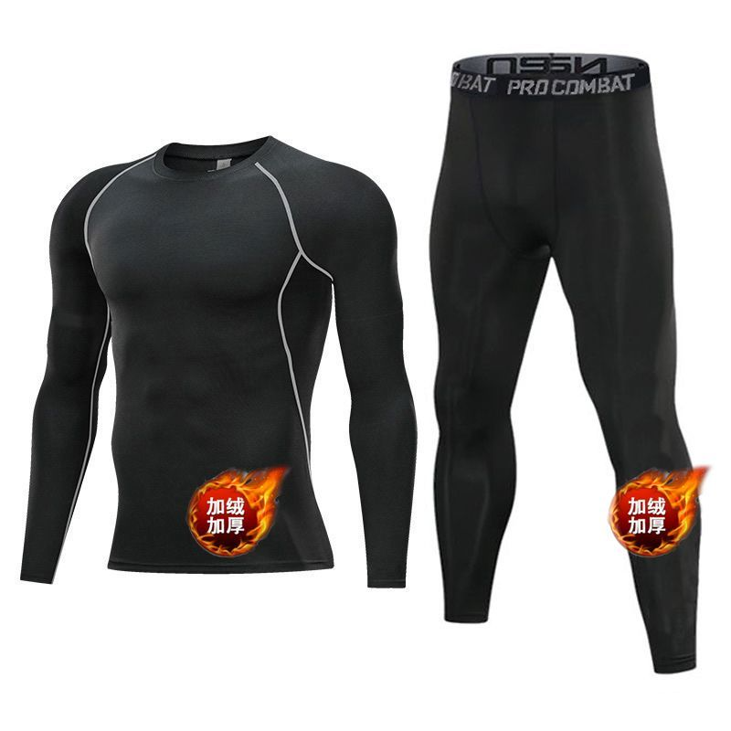 Compression Long Pant - メンズフリース裏地付きコンプレッションスーツ、サーマル長袖トップスとパンツ、ランニング、バスケットボール、フィットネス用ベースレイヤーセット