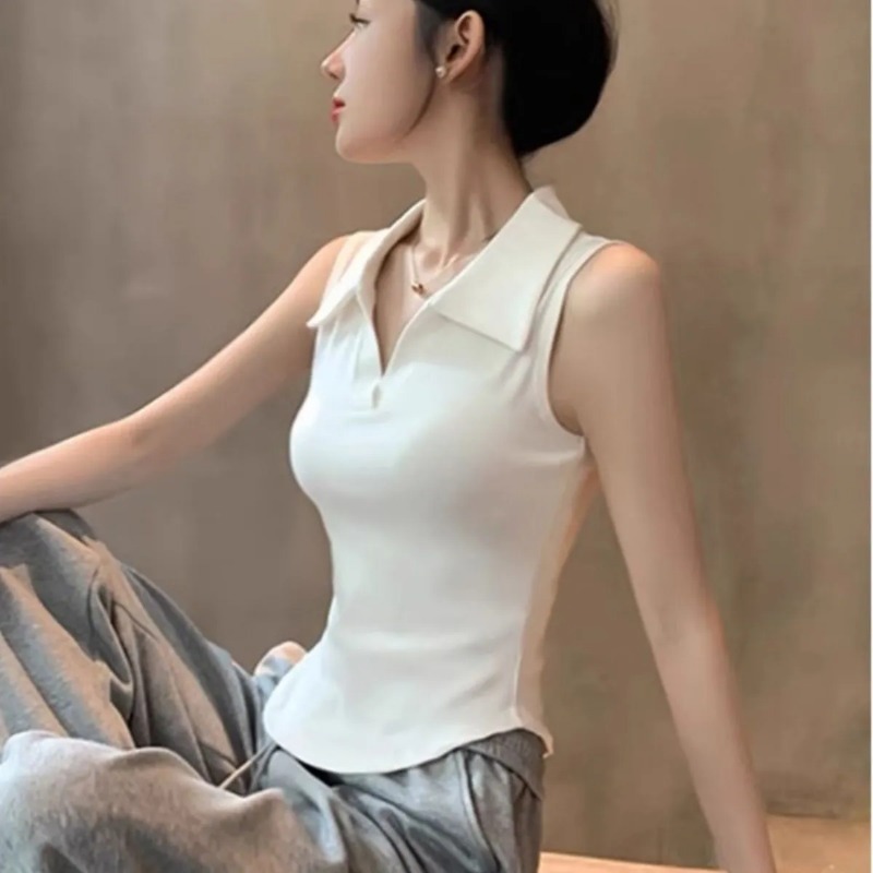 Tank Top Ribbed - レディース ホワイト ノースリーブ ポロネック タンクトップ スリムフィット