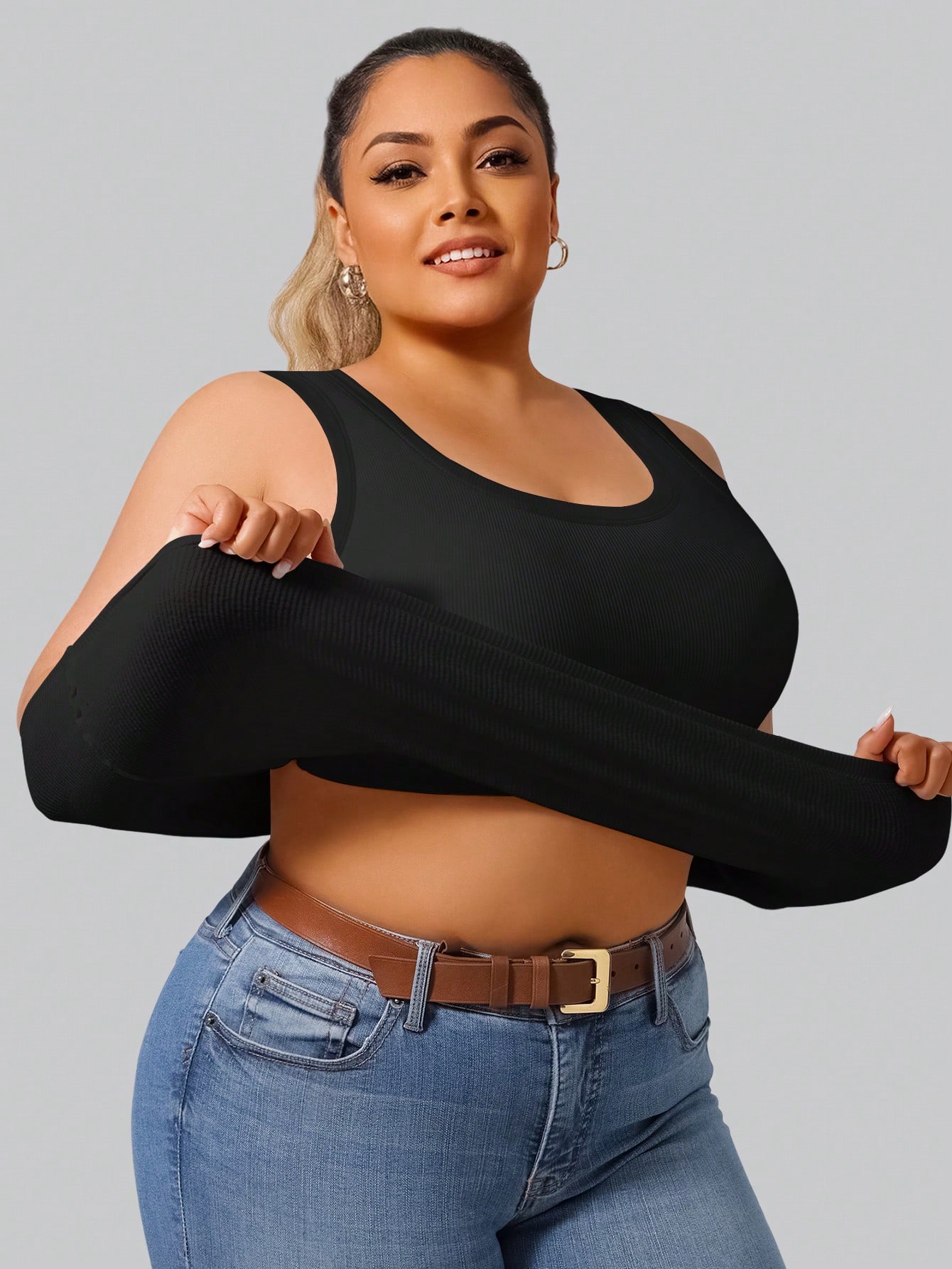 Tank Top Ribbed - プラスサイズ レディース ハイストレッチ リブ編み クロップド タンクトップ