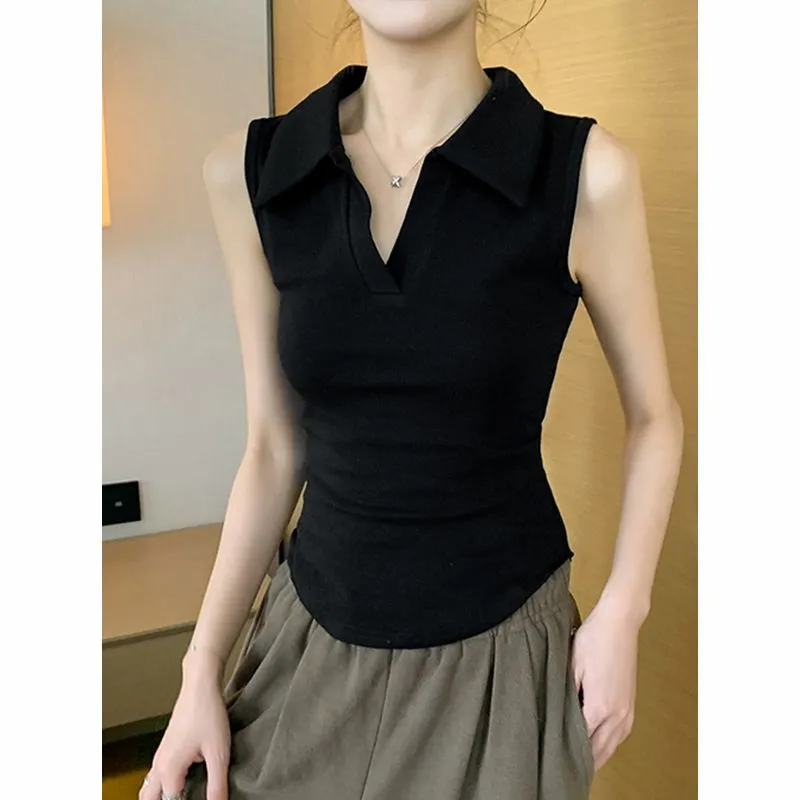 レディース ホワイト ノースリーブ ポロネック タンクトップ - Tank Top Ribbed のレビューと価格