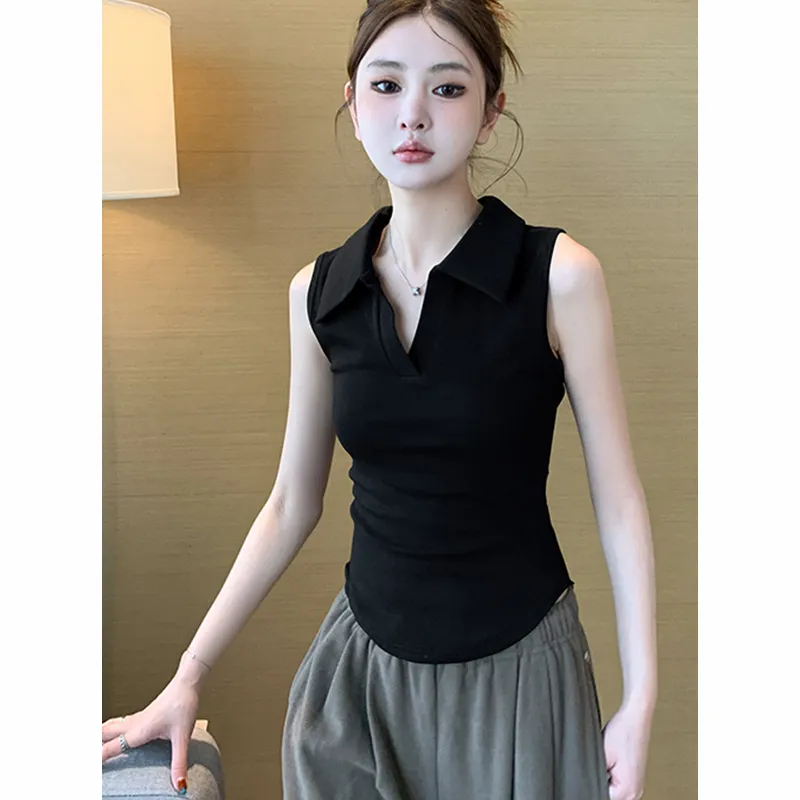 レディース ホワイト ノースリーブ ポロネック タンクトップ - Tank Top Ribbed のレビューと価格
